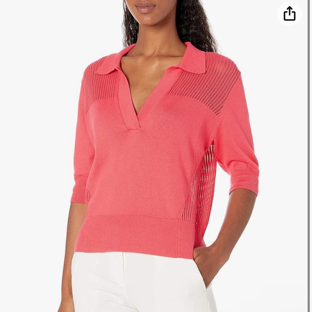 Joie Dorota Cotton and Linen Short Sleeve Polo Sweater Blouse Pink Small